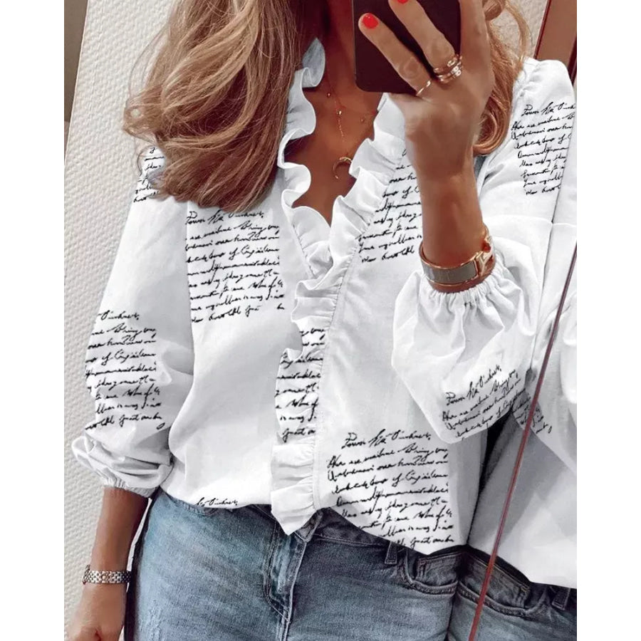 Full Size Printed V-Neck Blouse with Ruffled Plus White / S Apparel and Accessories