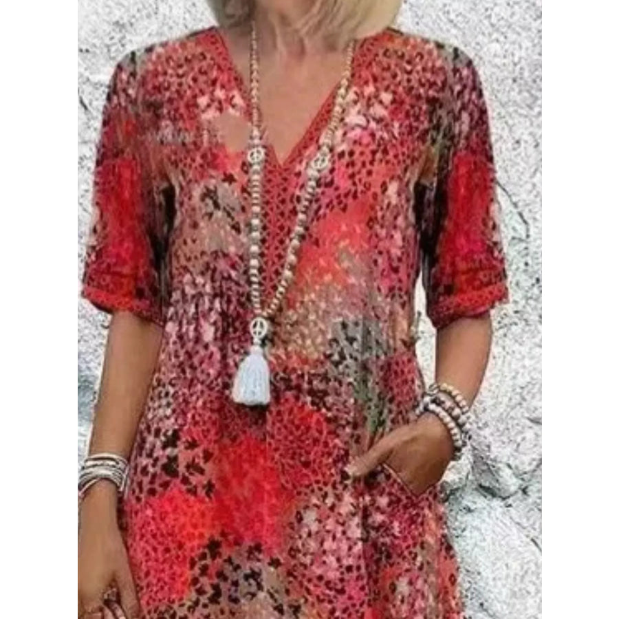 Full Size Printed V-Neck Half Sleeve Dress Plus Size Apparel and Accessories