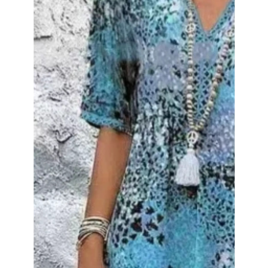 Full Size Printed V-Neck Half Sleeve Dress Plus Size Blue / S Apparel and Accessories