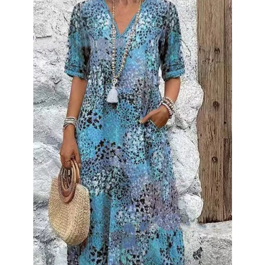 Full Size Printed V-Neck Half Sleeve Dress Plus Size Blue / S Apparel and Accessories