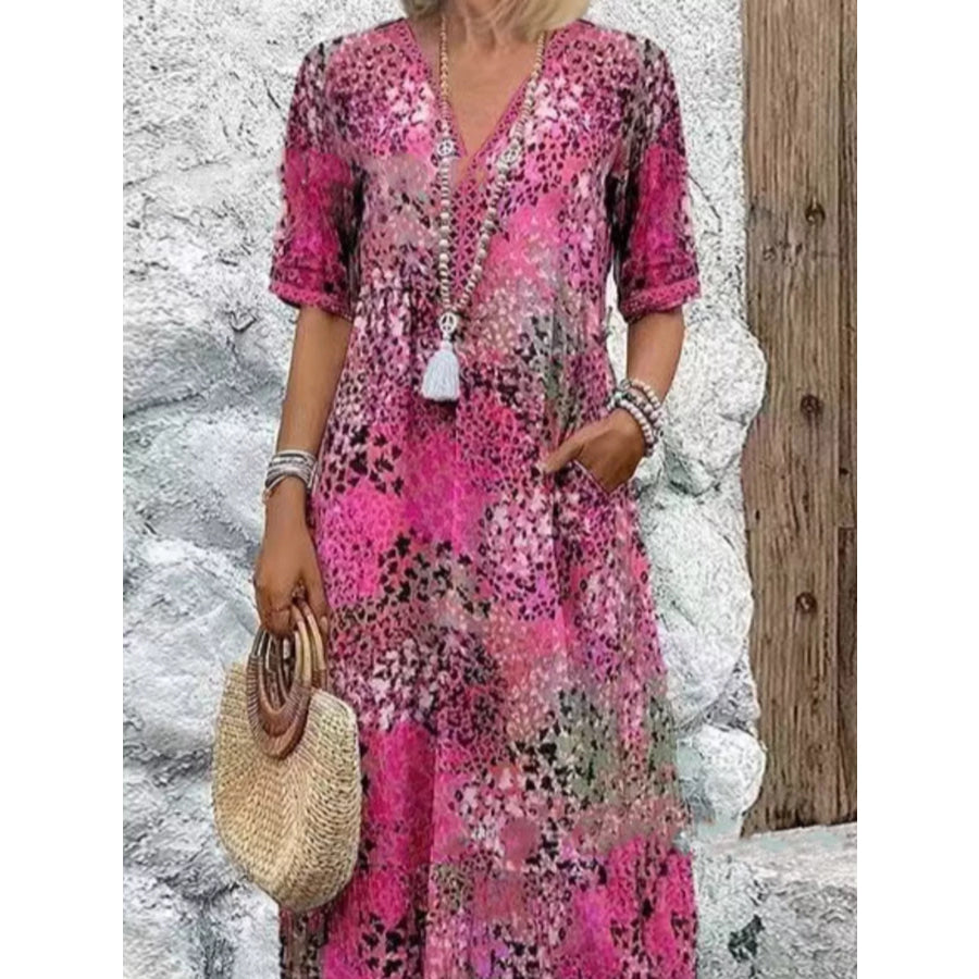 Full Size Printed V-Neck Half Sleeve Dress Plus Size Hot Pink / S Apparel and Accessories