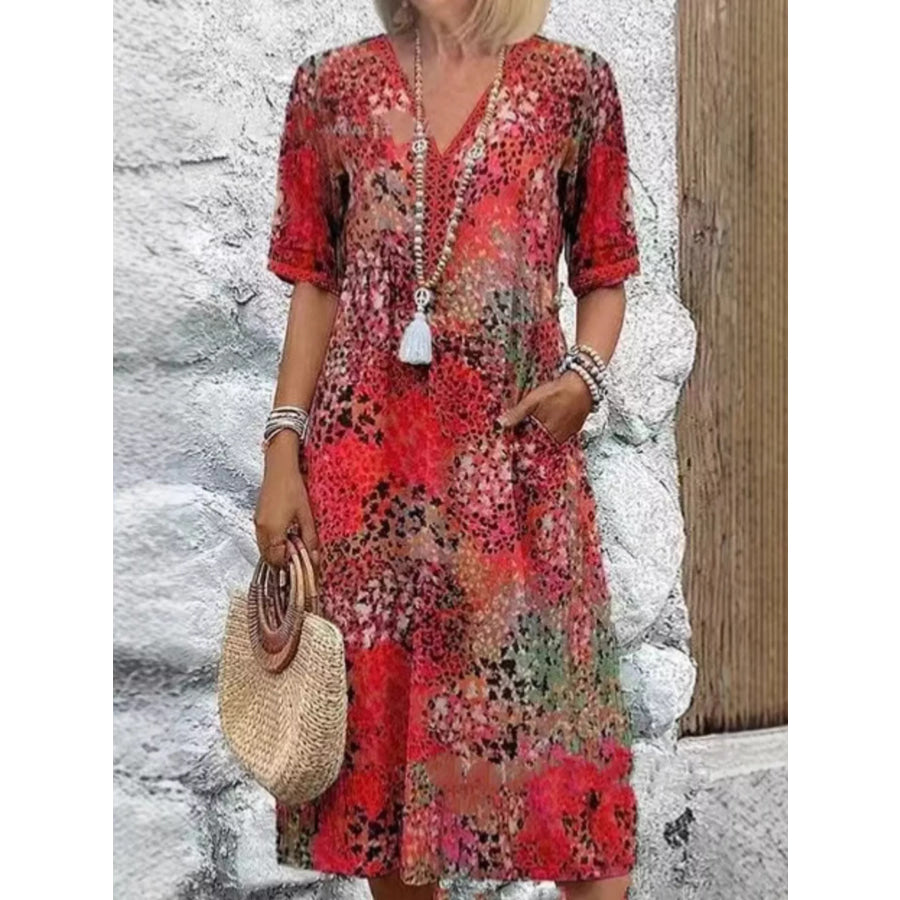 Full Size Printed V-Neck Half Sleeve Dress Plus Size Scarlet / S Apparel and Accessories