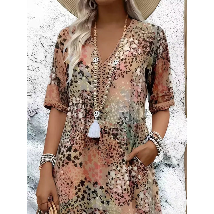 Full Size Printed V-Neck Half Sleeve Dress Plus Size Tan / S Apparel and Accessories