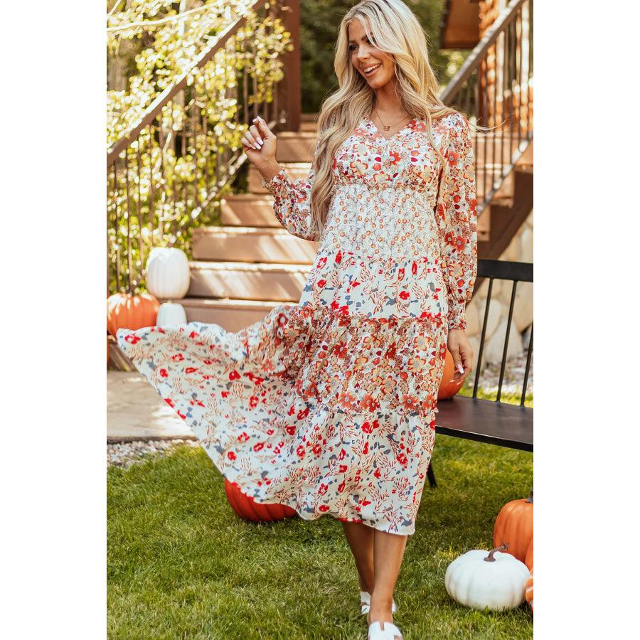 Full Size Printed V-Neck Lantern Sleeve Midi Dress Apparel and Accessories