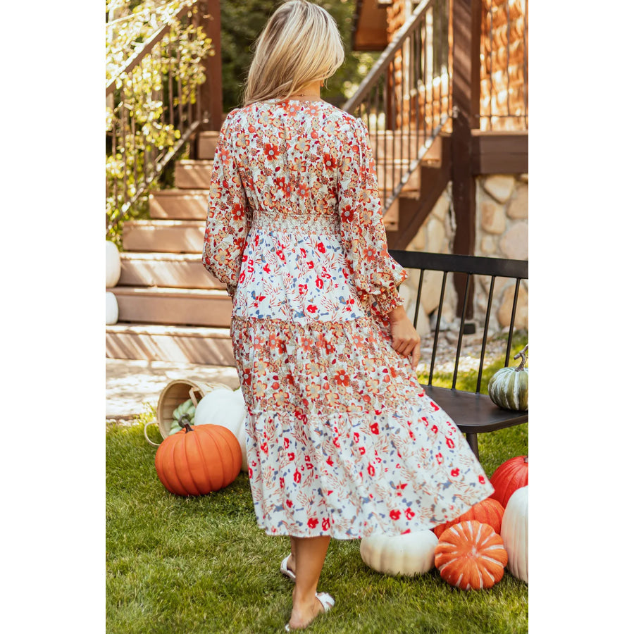 Full Size Printed V-Neck Lantern Sleeve Midi Dress Apparel and Accessories