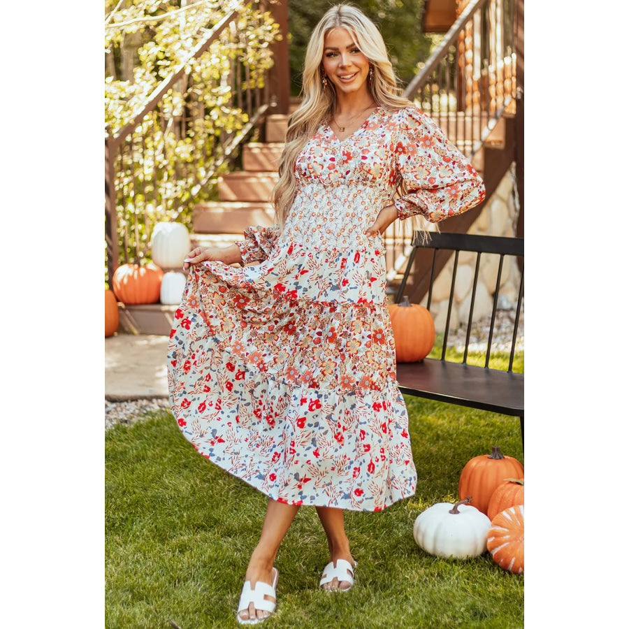 Full Size Printed V-Neck Lantern Sleeve Midi Dress Apparel and Accessories