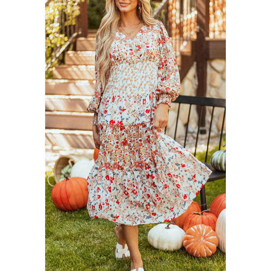 Full Size Printed V-Neck Lantern Sleeve Midi Dress Floral / S Apparel and Accessories