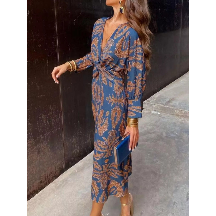 Full Size Printed V-Neck Long Sleeve Twisted Midi Dress Plus Size Dark Blue / S Apparel and Accessories