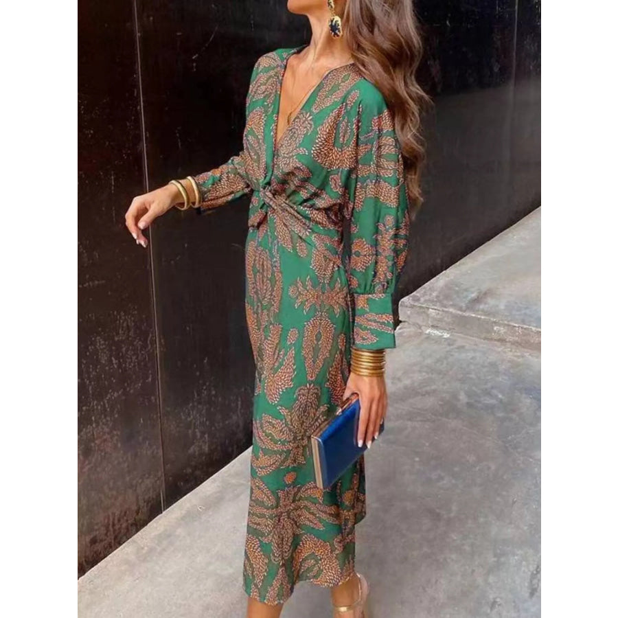 Full Size Printed V-Neck Long Sleeve Twisted Midi Dress Plus Size Dark Green / S Apparel and Accessories