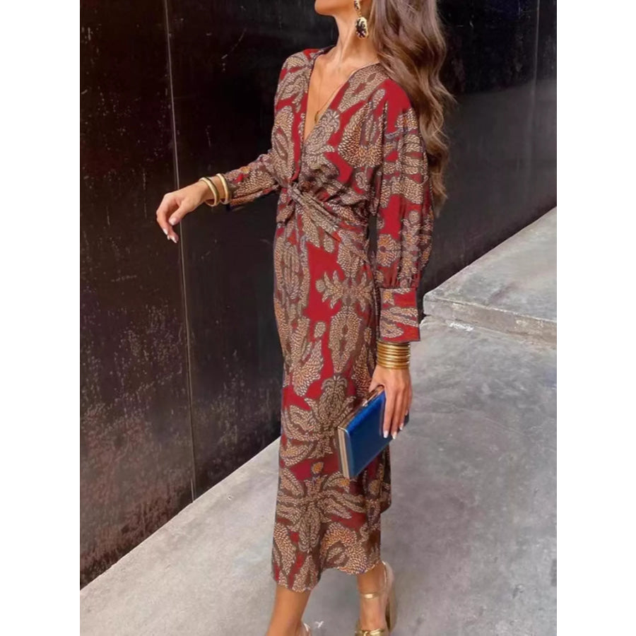 Full Size Printed V-Neck Long Sleeve Twisted Midi Dress Plus Size Wine Red / S Apparel and Accessories