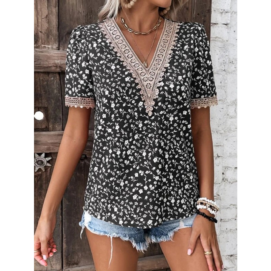 Full Size Printed V - Neck Short Sleeve Blouse Apparel and Accessories