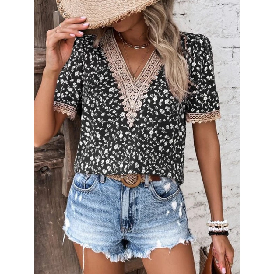 Full Size Printed V - Neck Short Sleeve Blouse Apparel and Accessories