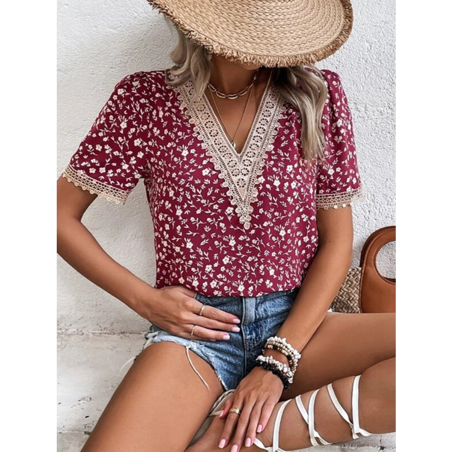 Full Size Printed V - Neck Short Sleeve Blouse Apparel and Accessories