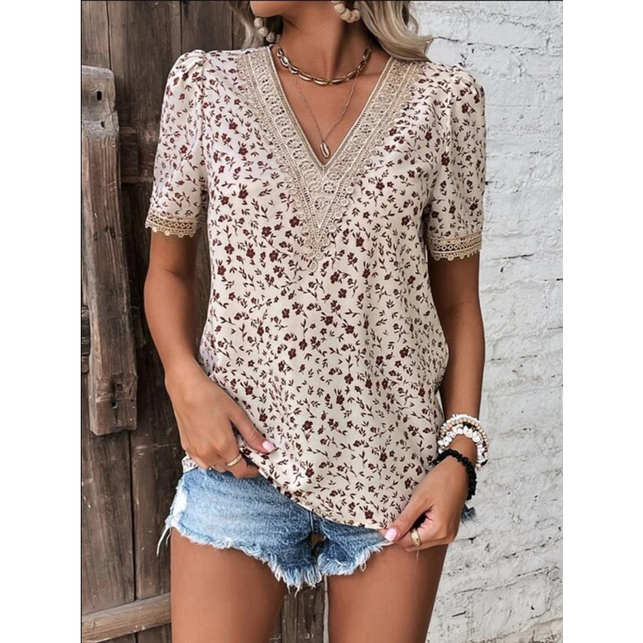 Full Size Printed V - Neck Short Sleeve Blouse Apparel and Accessories