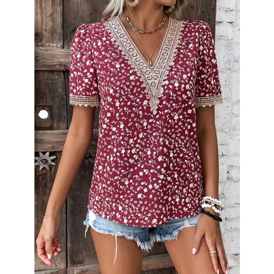 Full Size Printed V - Neck Short Sleeve Blouse Apparel and Accessories