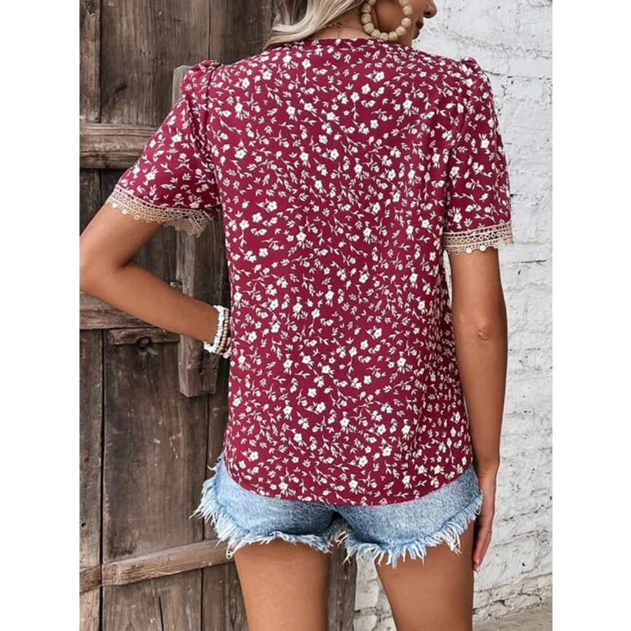 Full Size Printed V - Neck Short Sleeve Blouse Apparel and Accessories