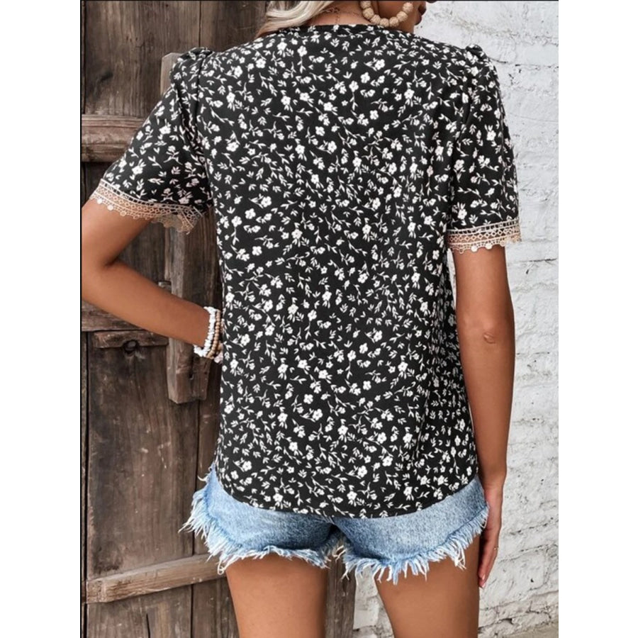 Full Size Printed V - Neck Short Sleeve Blouse Apparel and Accessories