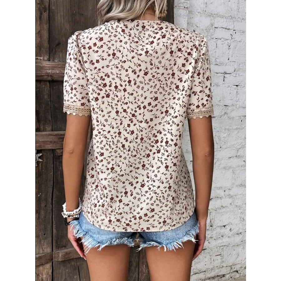 Full Size Printed V - Neck Short Sleeve Blouse Apparel and Accessories