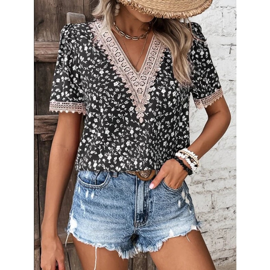 Full Size Printed V - Neck Short Sleeve Blouse Black / S Apparel and Accessories