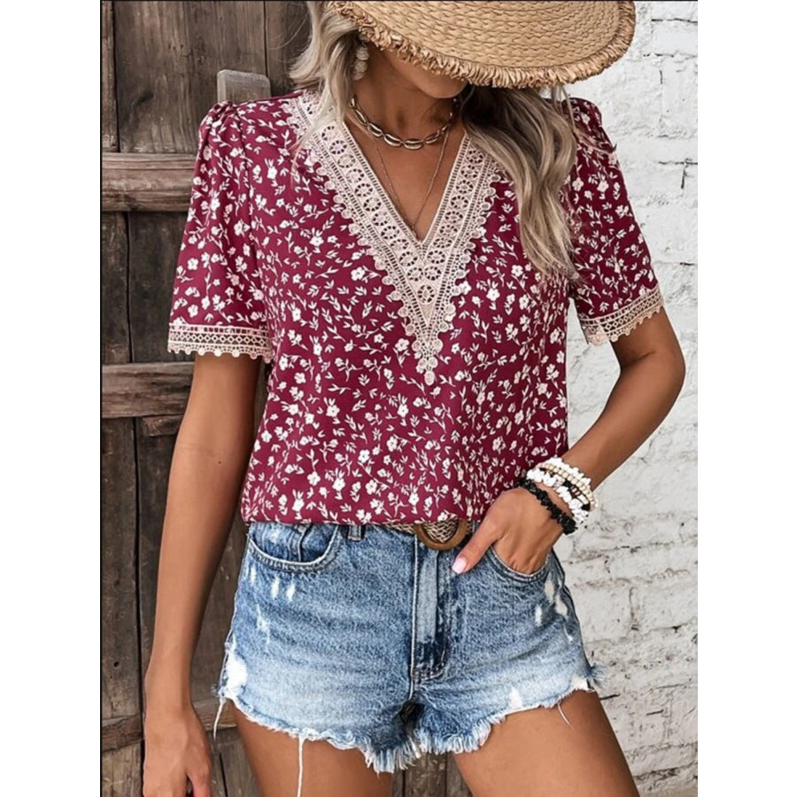 Full Size Printed V - Neck Short Sleeve Blouse Cerise / S Apparel and Accessories