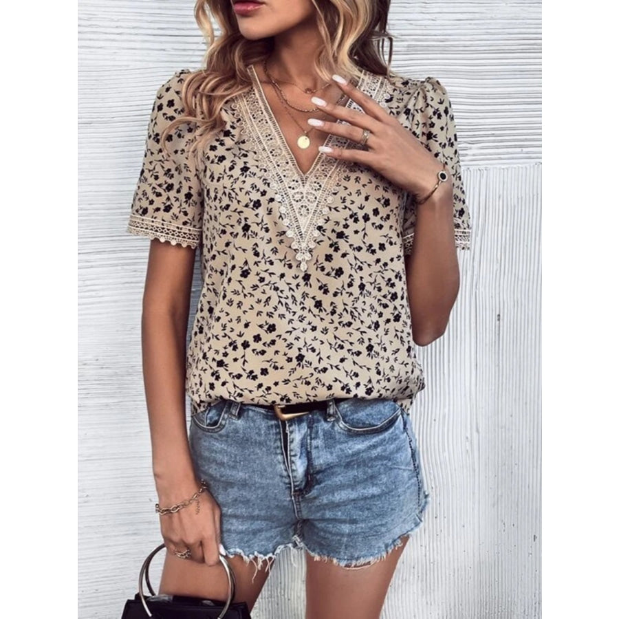 Full Size Printed V - Neck Short Sleeve Blouse Khaki / S Apparel and Accessories