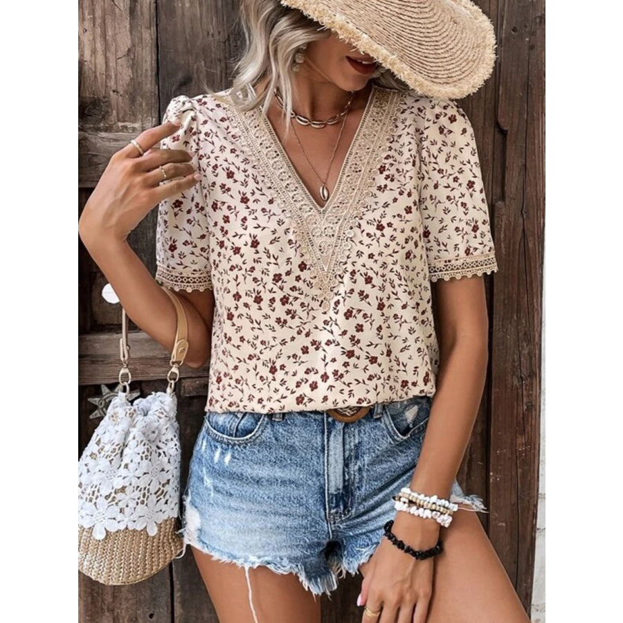 Full Size Printed V - Neck Short Sleeve Blouse Sand / S Apparel and Accessories