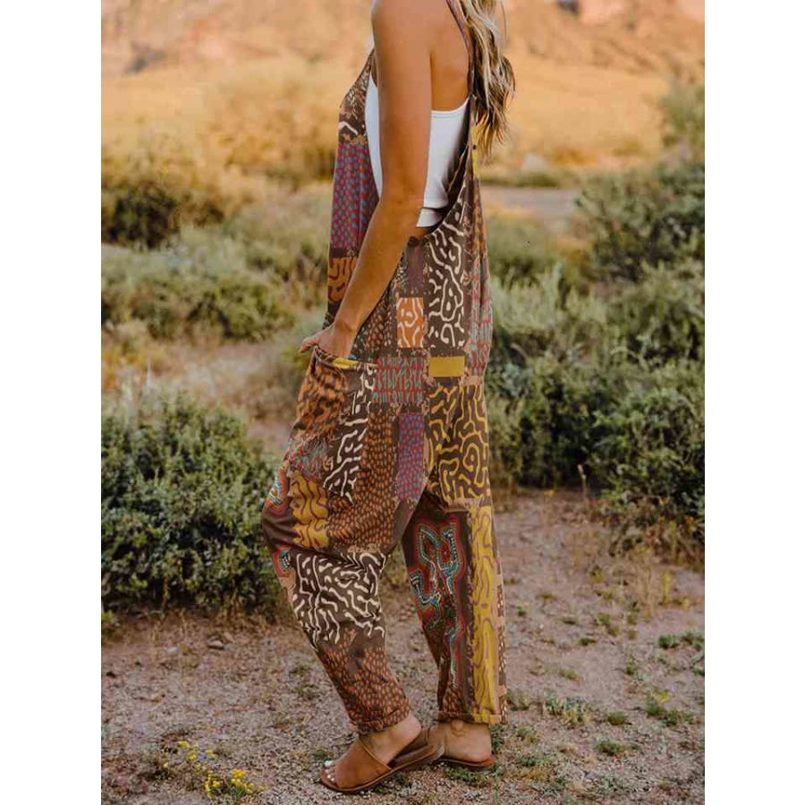 Full Size Printed V-Neck Sleeveless Jumpsuit Caramel / S Apparel and Accessories