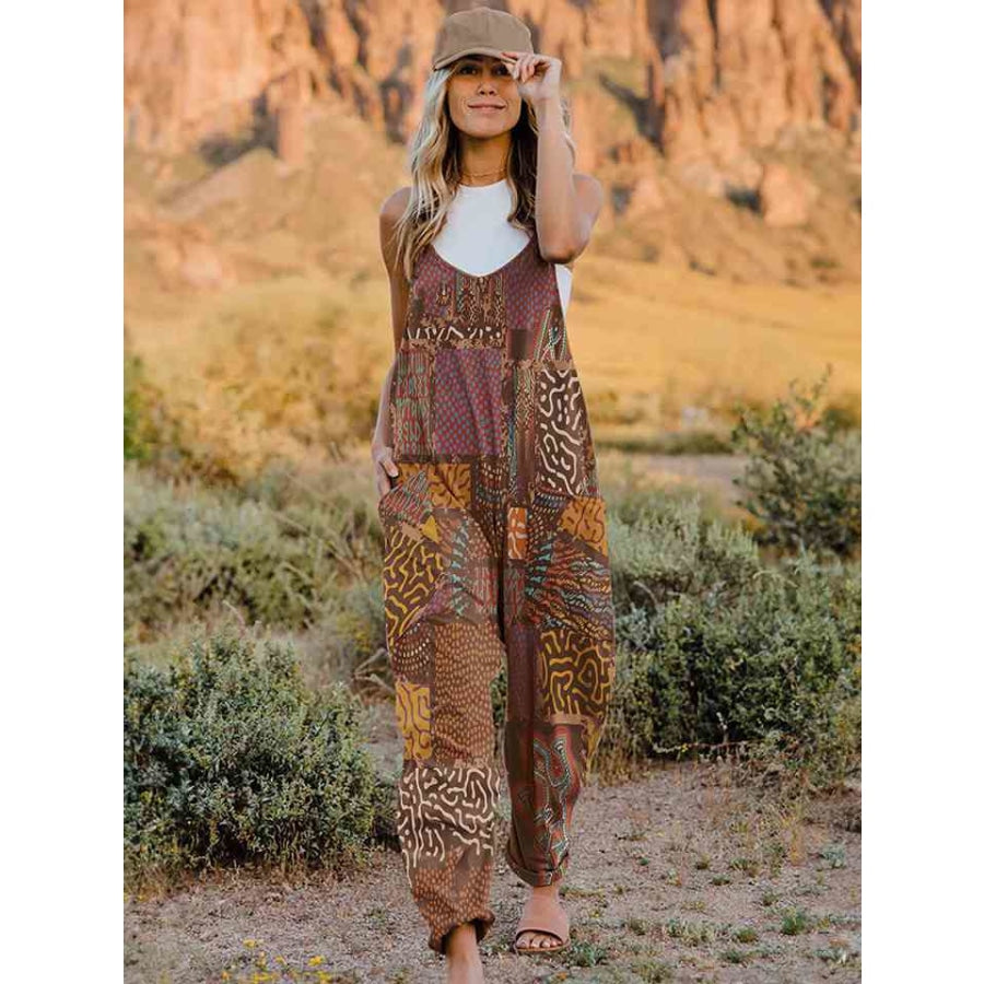 Full Size Printed V-Neck Sleeveless Jumpsuit Caramel / S Apparel and Accessories