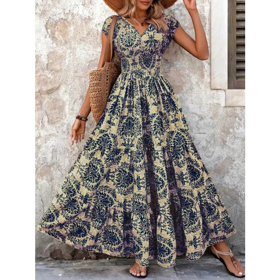 Full Size Printed V-Neck Tiered Maxi Dress Plus Size Apparel and Accessories