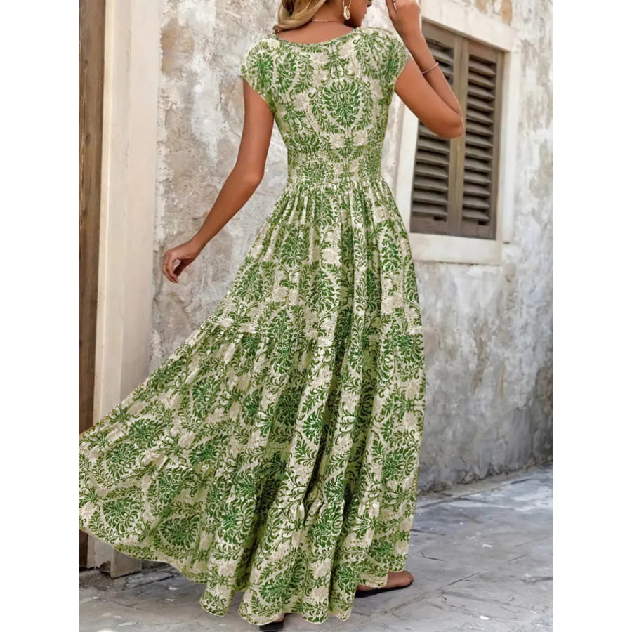Full Size Printed V-Neck Tiered Maxi Dress Plus Size Apparel and Accessories