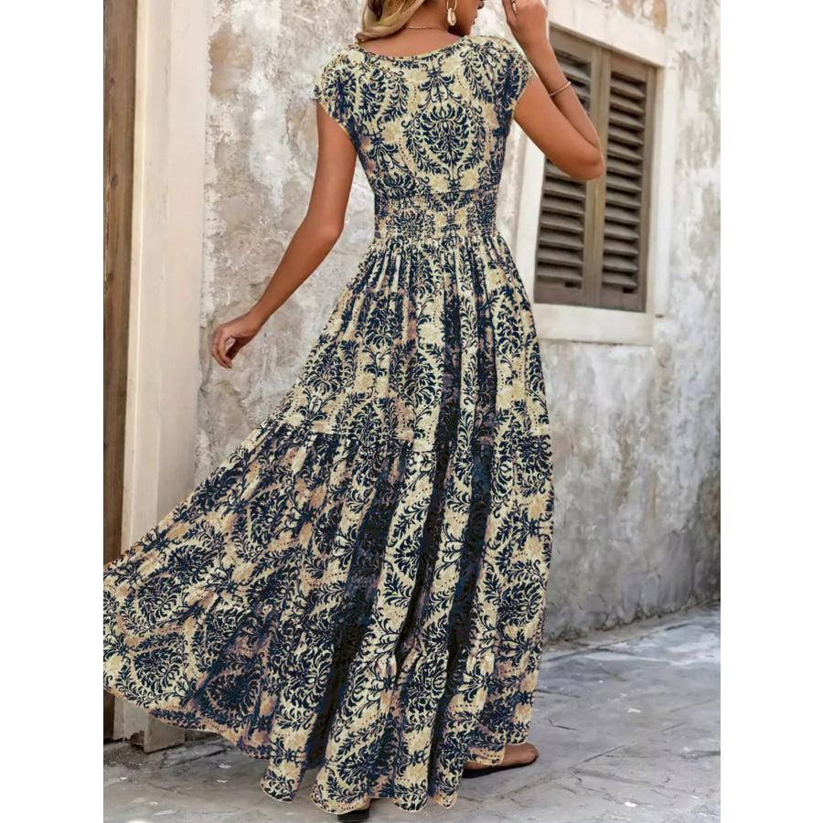 Full Size Printed V-Neck Tiered Maxi Dress Plus Size Apparel and Accessories