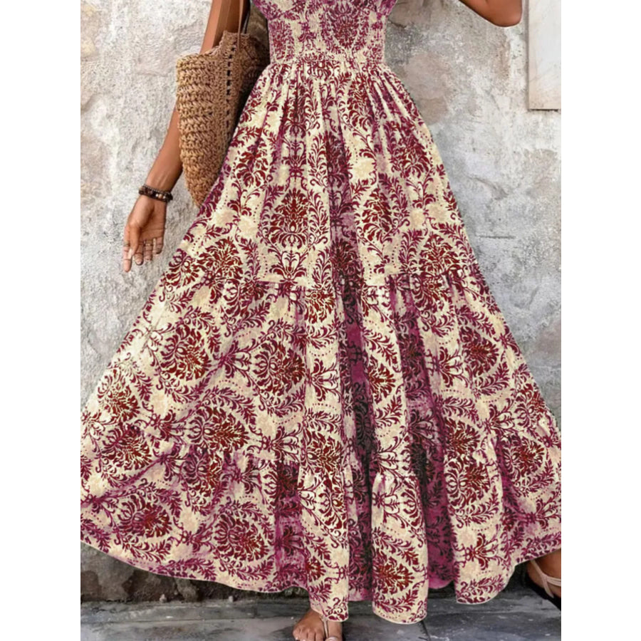 Full Size Printed V-Neck Tiered Maxi Dress Plus Size Apparel and Accessories