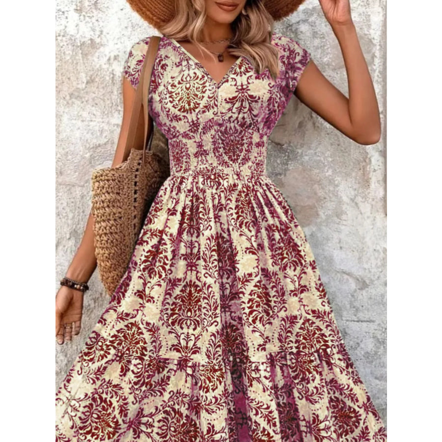 Full Size Printed V-Neck Tiered Maxi Dress Plus Size Apparel and Accessories
