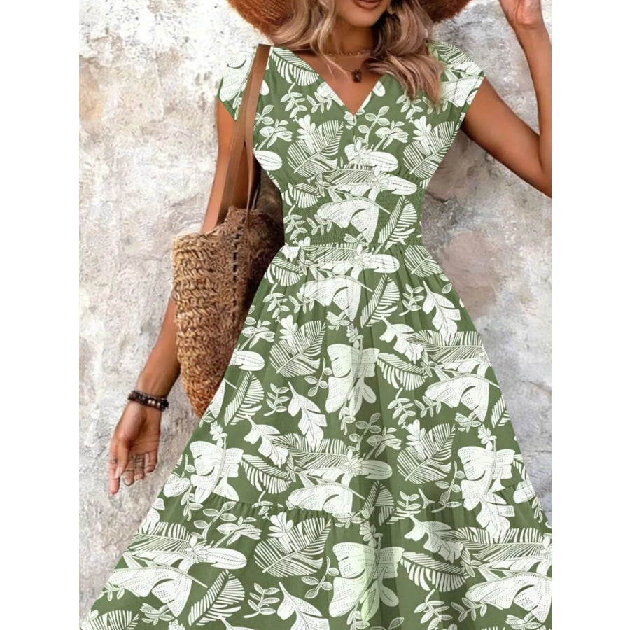 Full Size Printed V-Neck Tiered Maxi Dress Plus Size Apparel and Accessories
