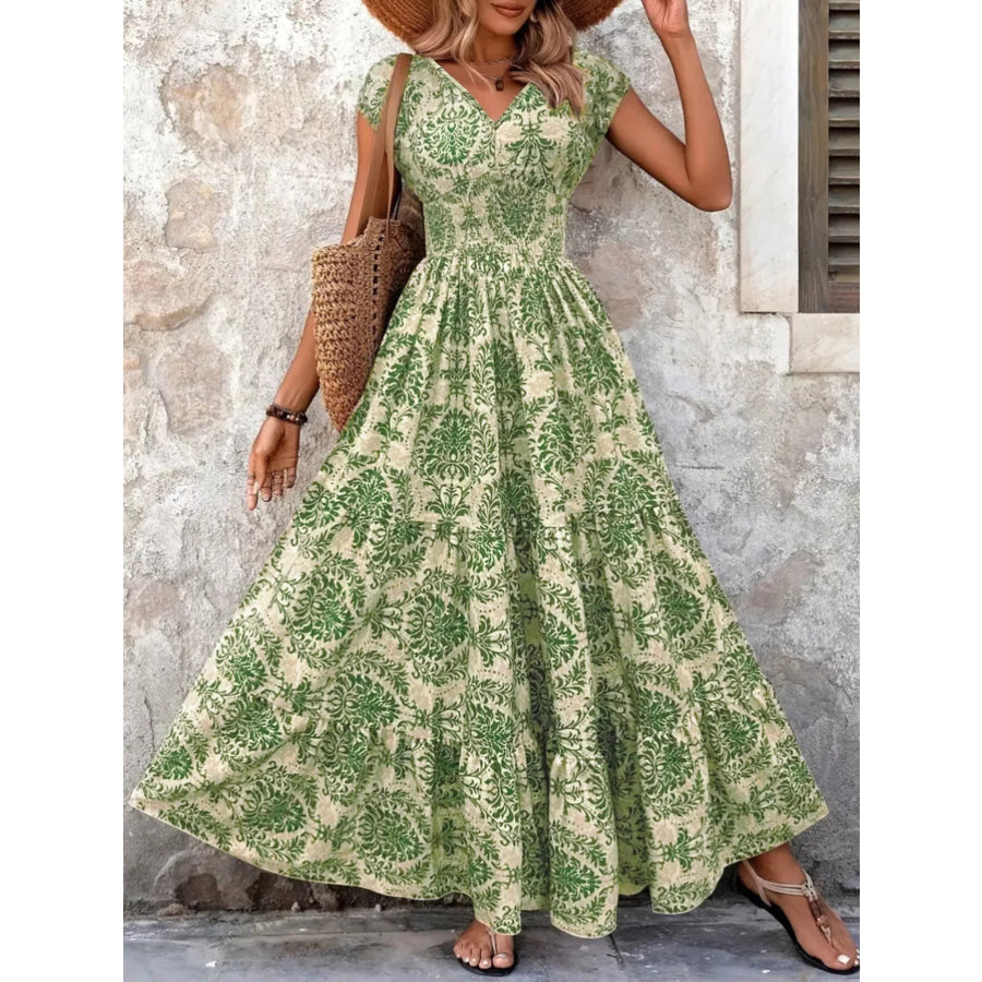 Full Size Printed V-Neck Tiered Maxi Dress Plus Size Green / S Apparel and Accessories