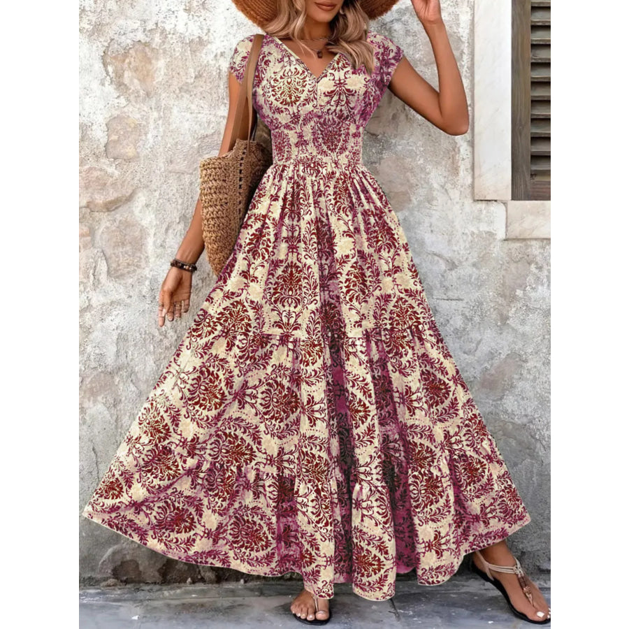 Full Size Printed V-Neck Tiered Maxi Dress Plus Size Purple / S Apparel and Accessories