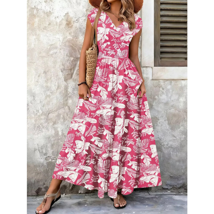 Full Size Printed V-Neck Tiered Maxi Dress Plus Size Strawberry / S Apparel and Accessories