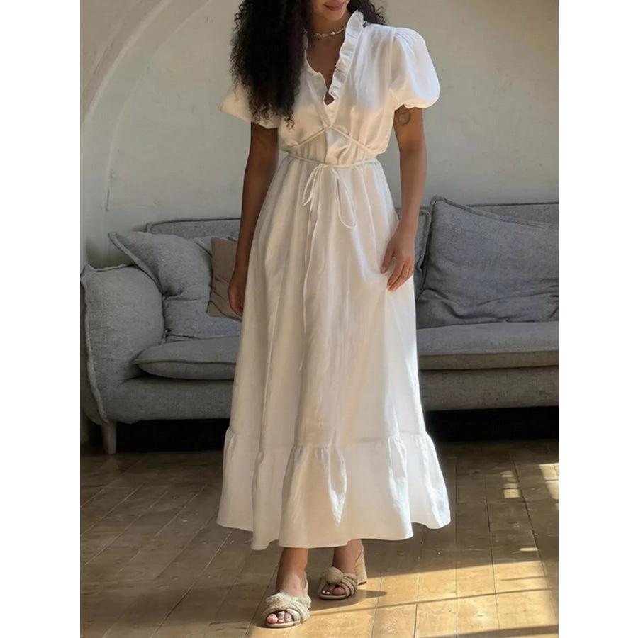 Full Size Puff Sleeve Ruffle Trim Maxi Dress Plus Size Apparel and Accessories
