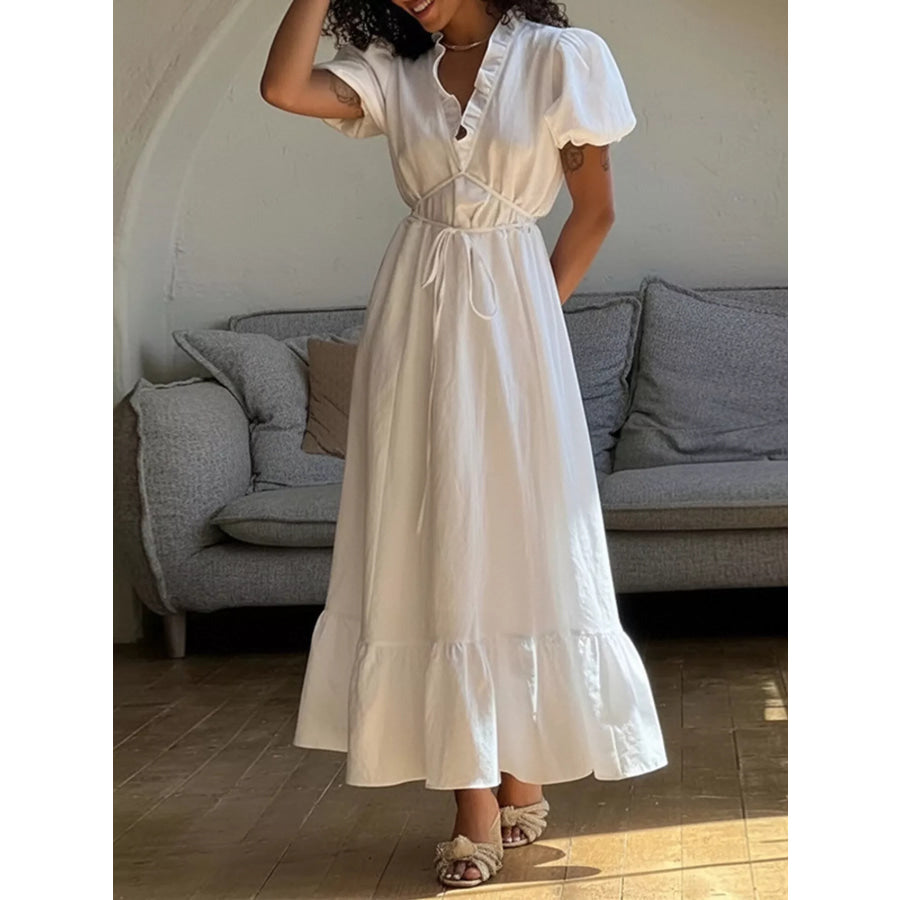 Full Size Puff Sleeve Ruffle Trim Maxi Dress Plus Size Apparel and Accessories