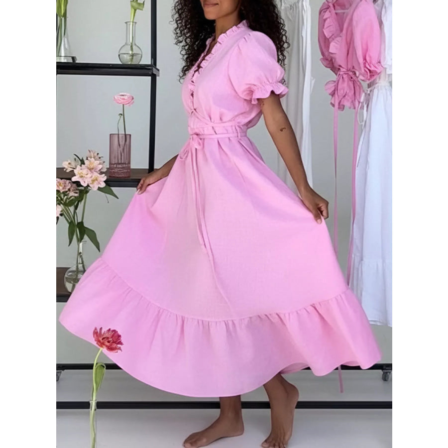 Full Size Puff Sleeve Ruffle Trim Maxi Dress Plus Size Apparel and Accessories