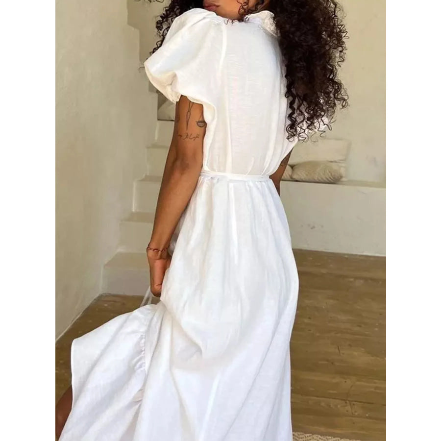 Full Size Puff Sleeve Ruffle Trim Maxi Dress Plus Size Apparel and Accessories