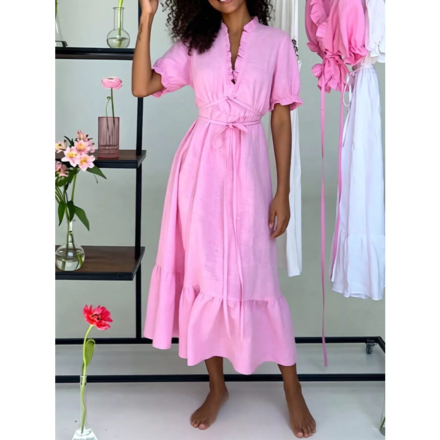 Full Size Puff Sleeve Ruffle Trim Maxi Dress Plus Size Apparel and Accessories