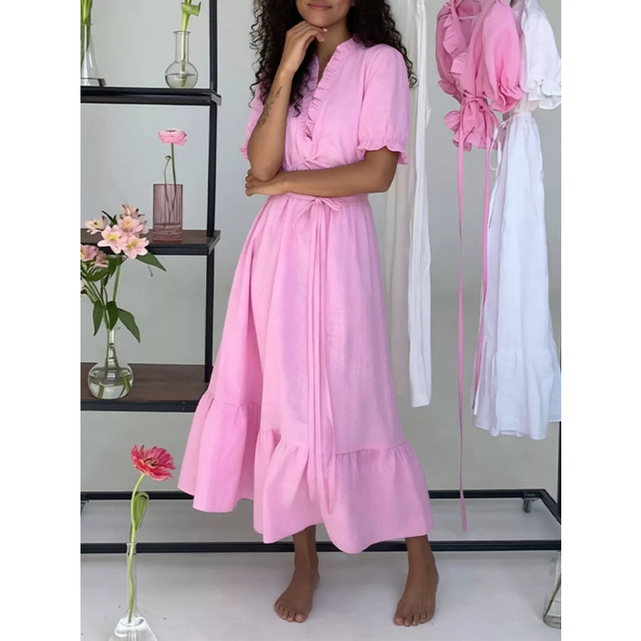 Full Size Puff Sleeve Ruffle Trim Maxi Dress Plus Size Pink / S Apparel and Accessories