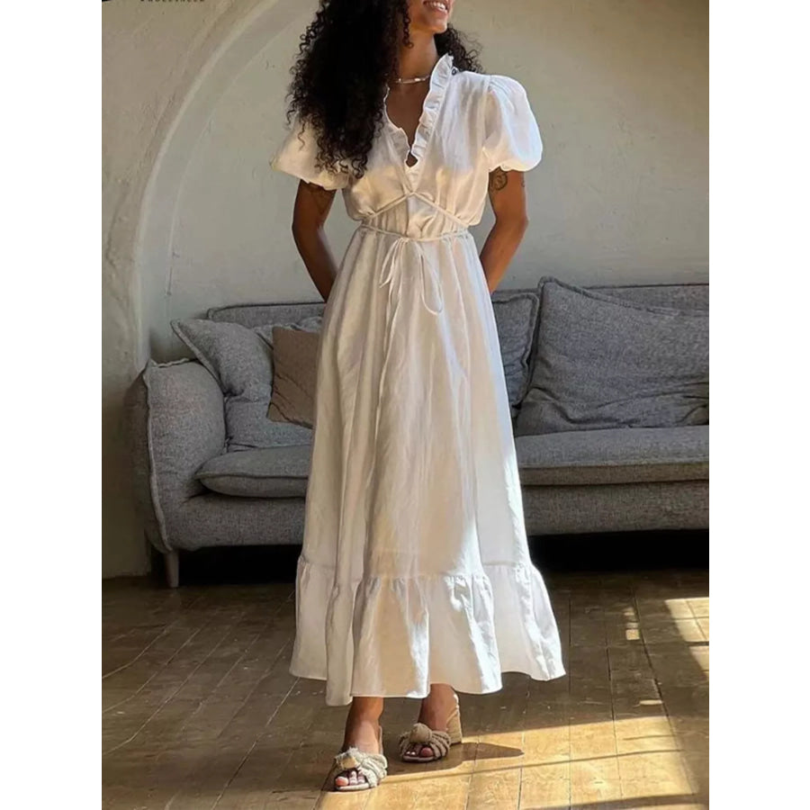 Full Size Puff Sleeve Ruffle Trim Maxi Dress Plus Size White / S Apparel and Accessories