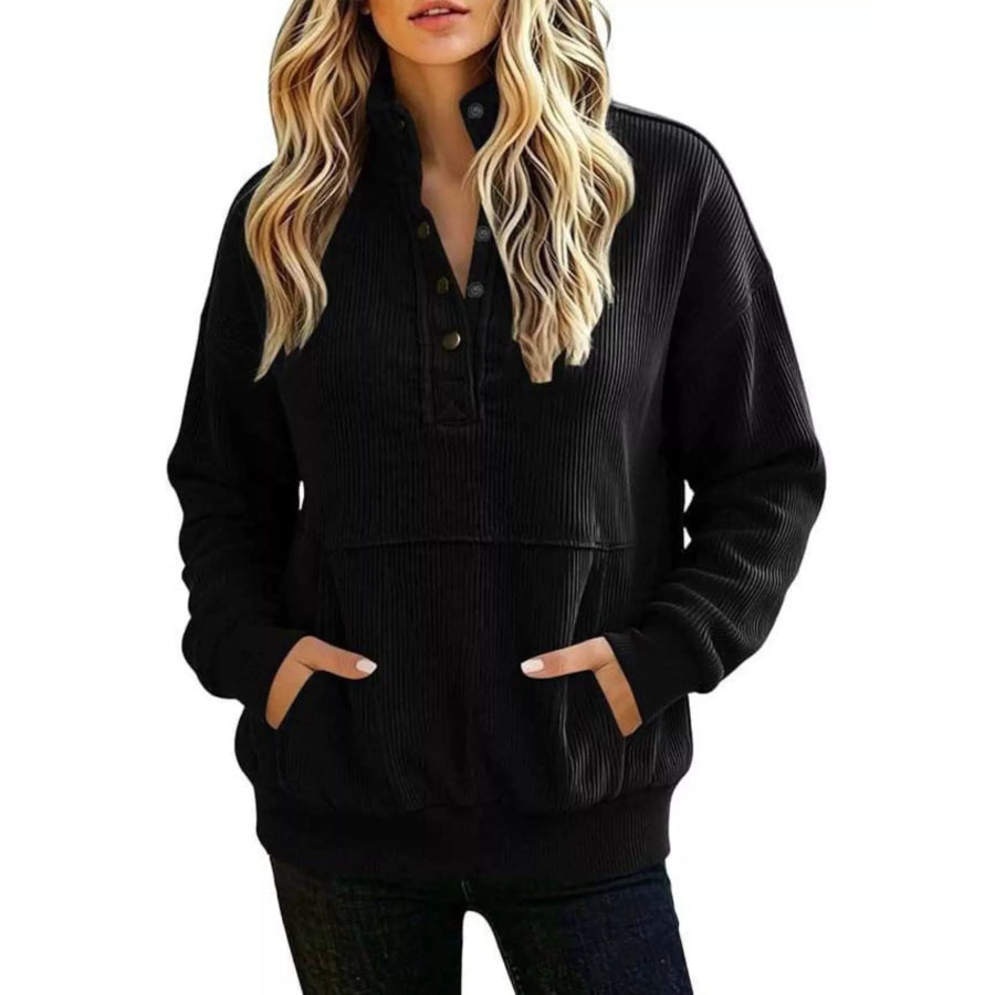 Full Size Quarter Snap Kangaroo Pocket Sweatshirt Plus Black / S Apparel and Accessories