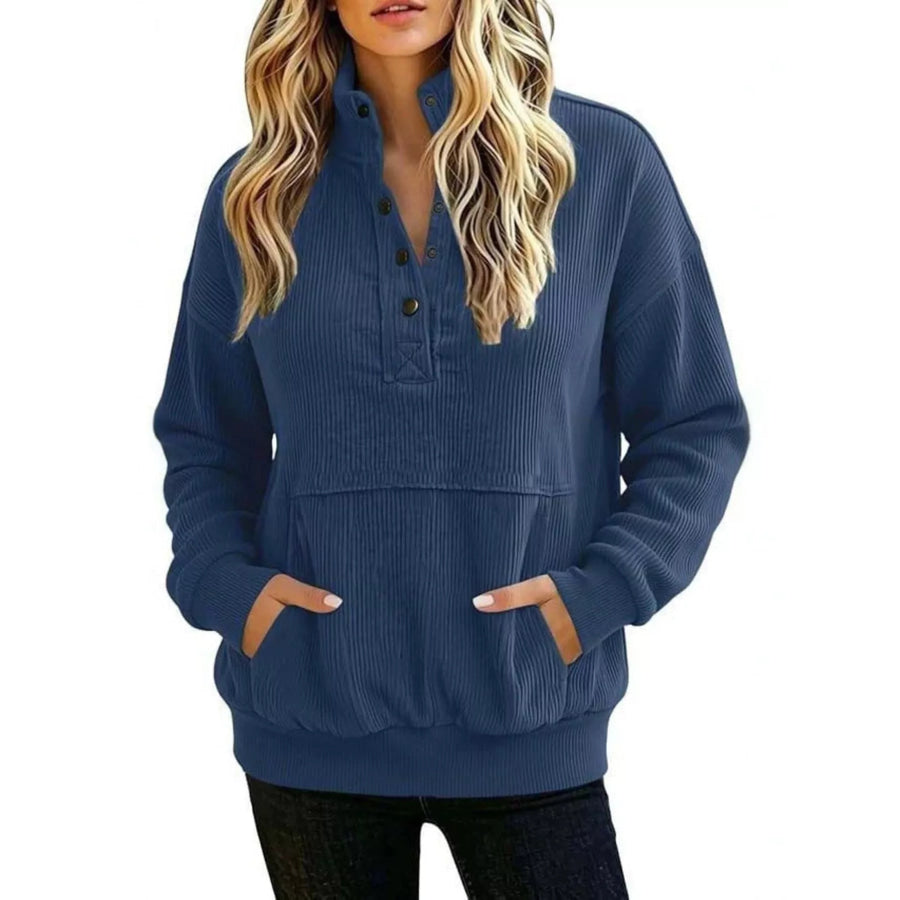 Full Size Quarter Snap Kangaroo Pocket Sweatshirt Plus Navy / S Apparel and Accessories