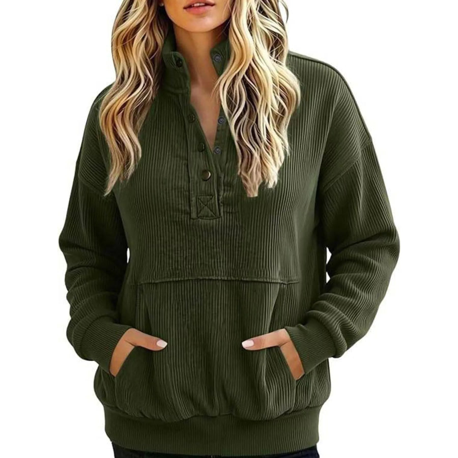 Full Size Quarter-Snap Sweatshirt with Kangaroo Pocket Plus Army Green / S Apparel and Accessories