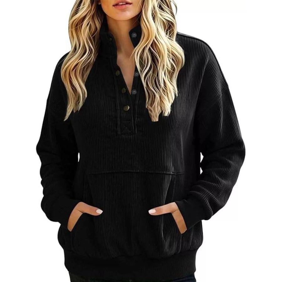 Full Size Quarter-Snap Sweatshirt with Kangaroo Pocket Plus Black / S Apparel and Accessories
