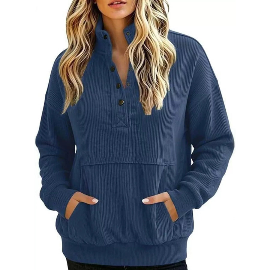 Full Size Quarter-Snap Sweatshirt with Kangaroo Pocket Plus Navy Blue / S Apparel and Accessories