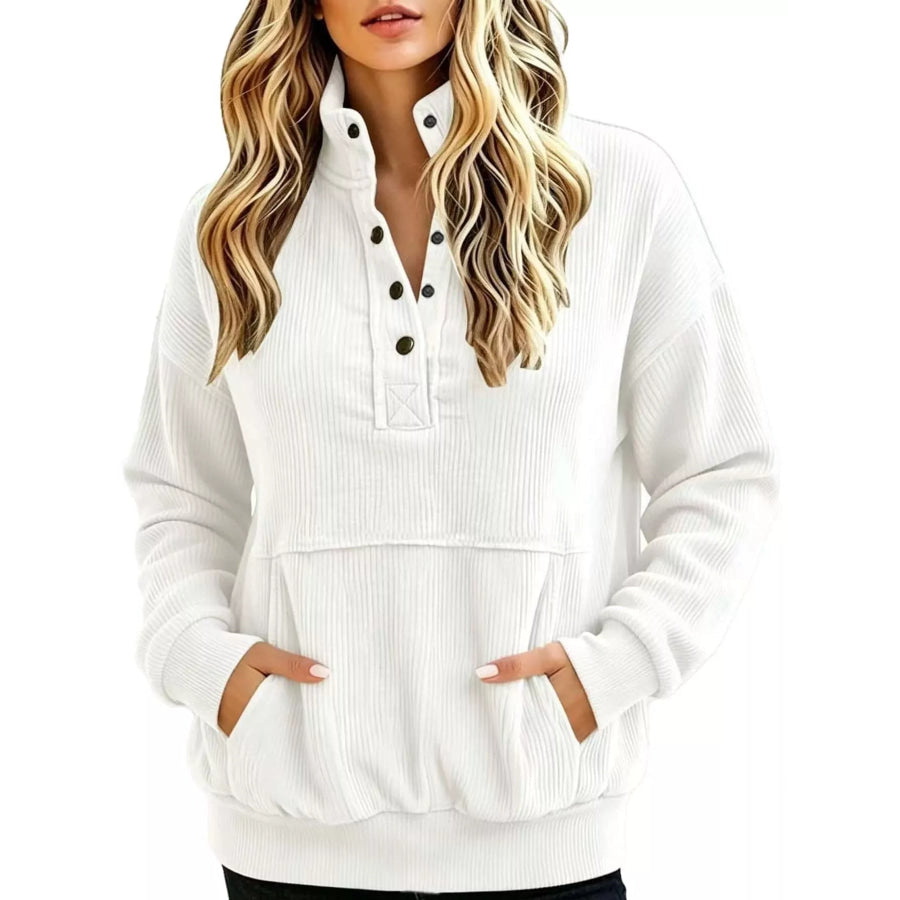 Full Size Quarter-Snap Sweatshirt with Kangaroo Pocket Plus White / S Apparel and Accessories